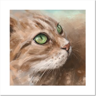 Painting of a Blonde Cat with Bright Green Eyes Looking to the Side Posters and Art